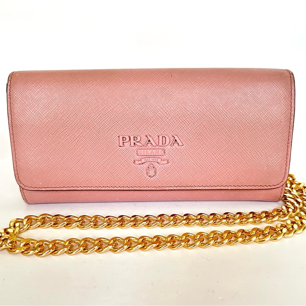 💯 PRADA Logo Plate Pale Pink Saffiano Leather Wallet on Chain w/ auth cert